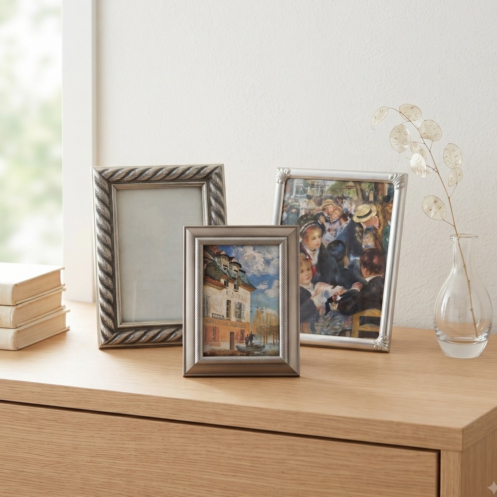 Set of 3 Vintage Silver Tone Picture Frames Rope Scroll and Crosshatch‎ Borders